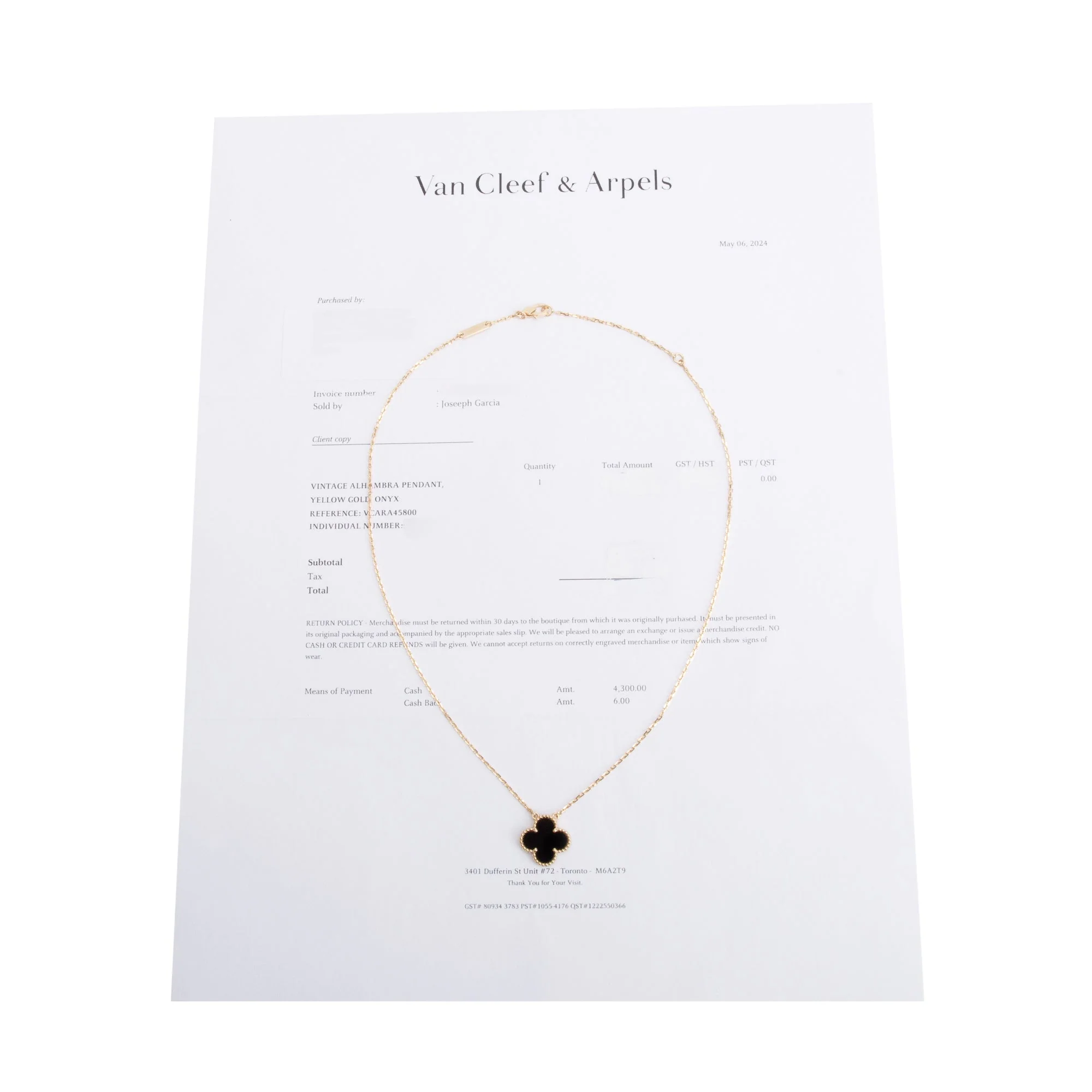 Van Cleef & Arpels 2024 18k Yellow Gold Vintage Alhambra Black Onyx Pendant Necklace w/ Receipt - Image 6