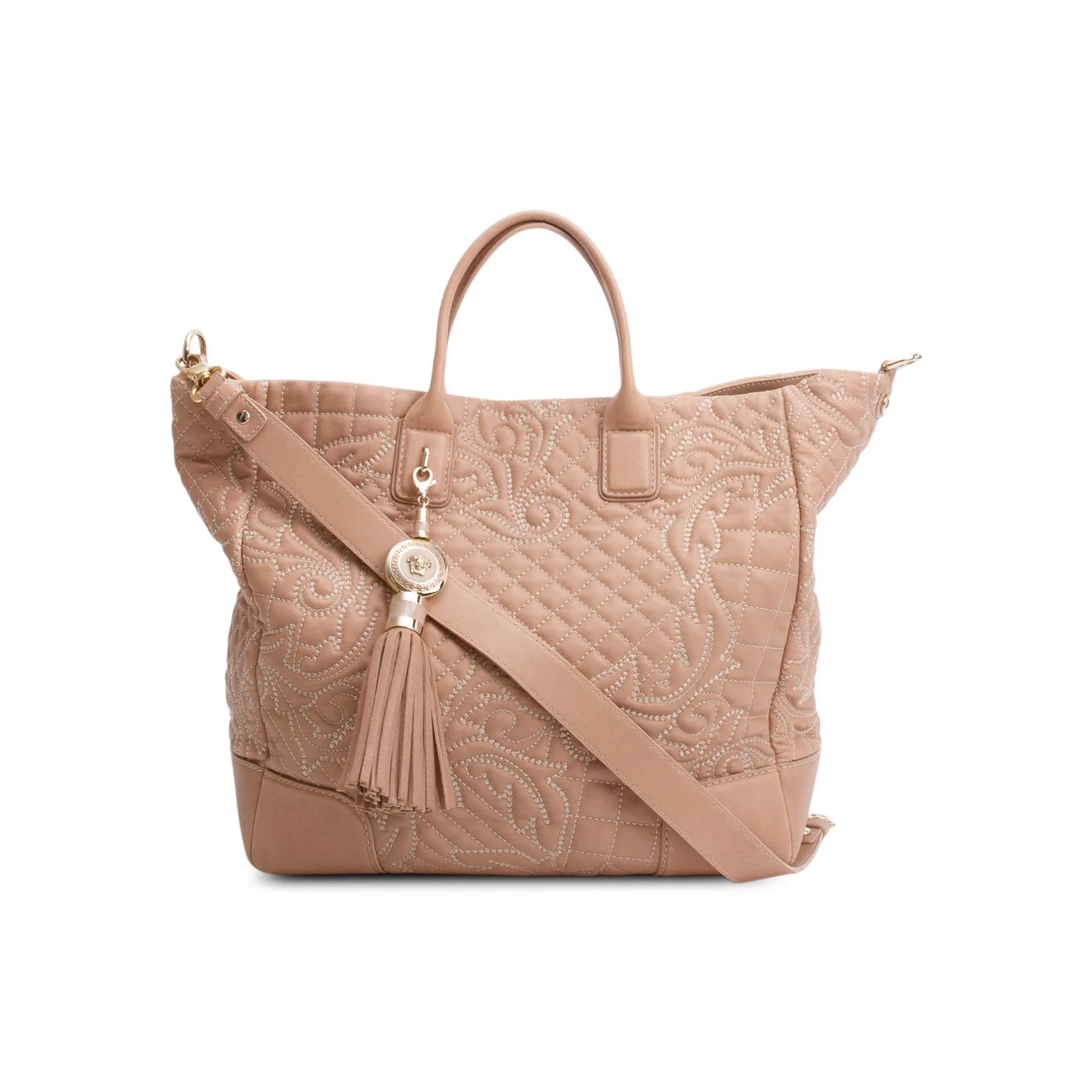 Versace Beige Quilted Calfskin Leather Tassel Elettra Vanitas Tote Bag