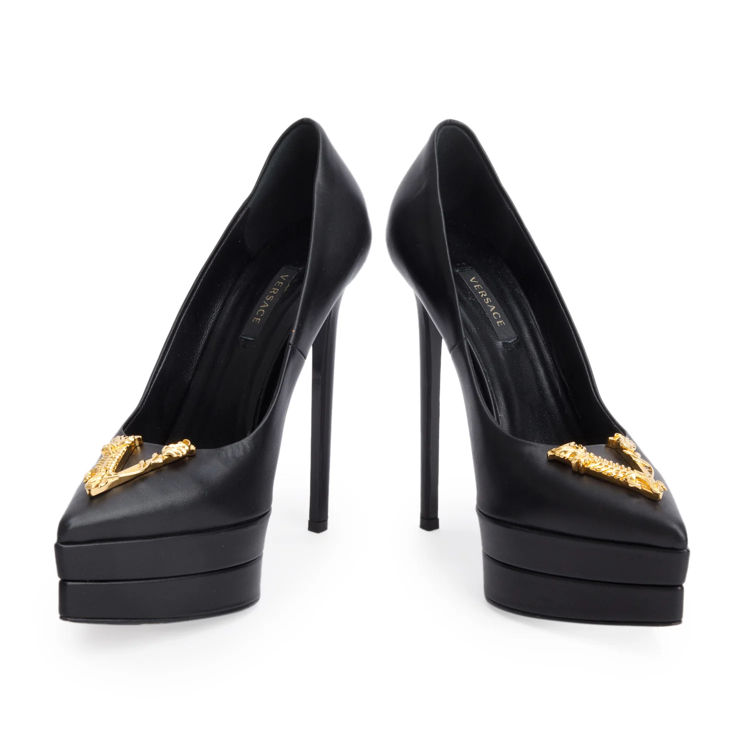 Versace Black Calfskin Leather Virtus Platform Heels, Size 37 - Image 2