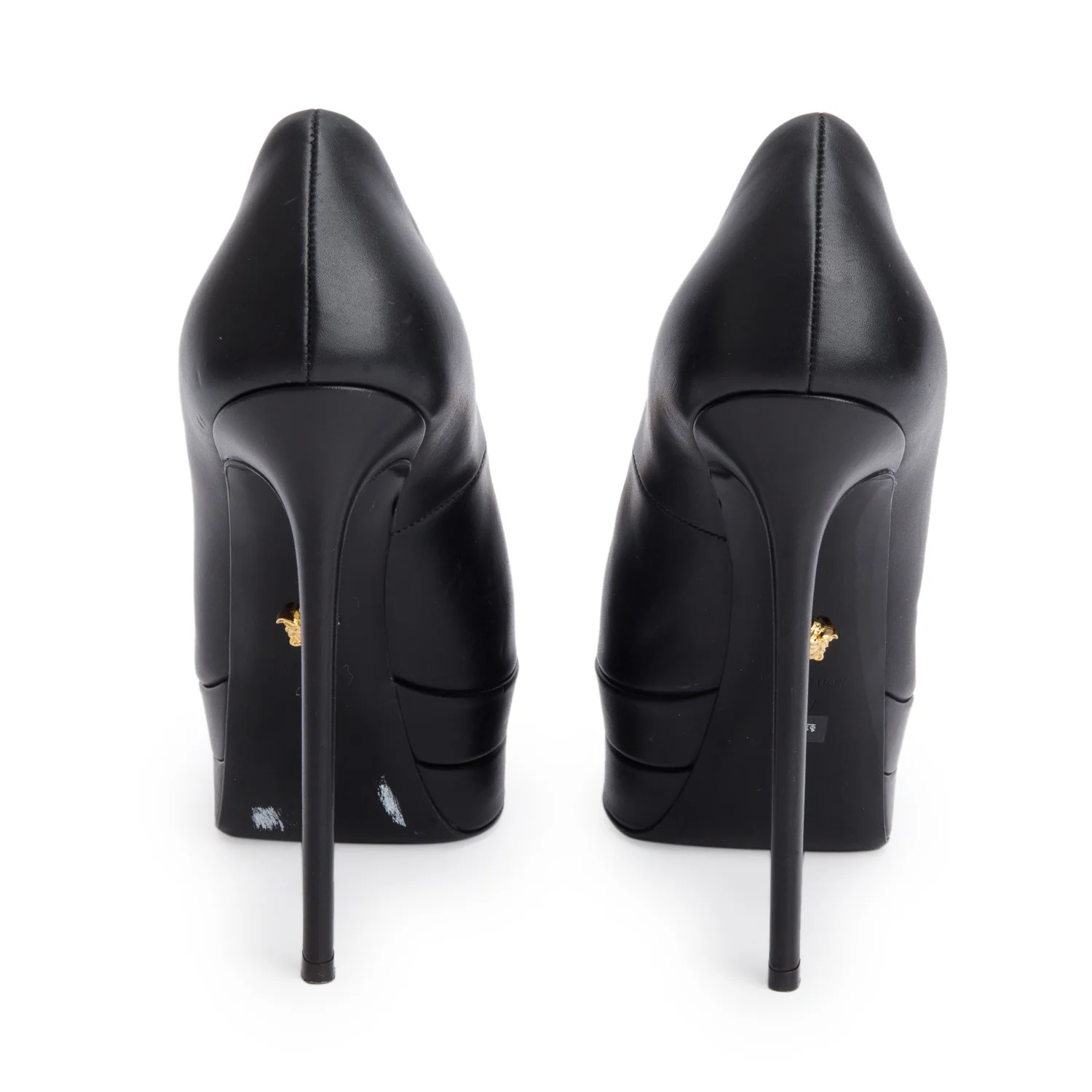 Versace Black Calfskin Leather Virtus Platform Heels, Size 37 - Image 4