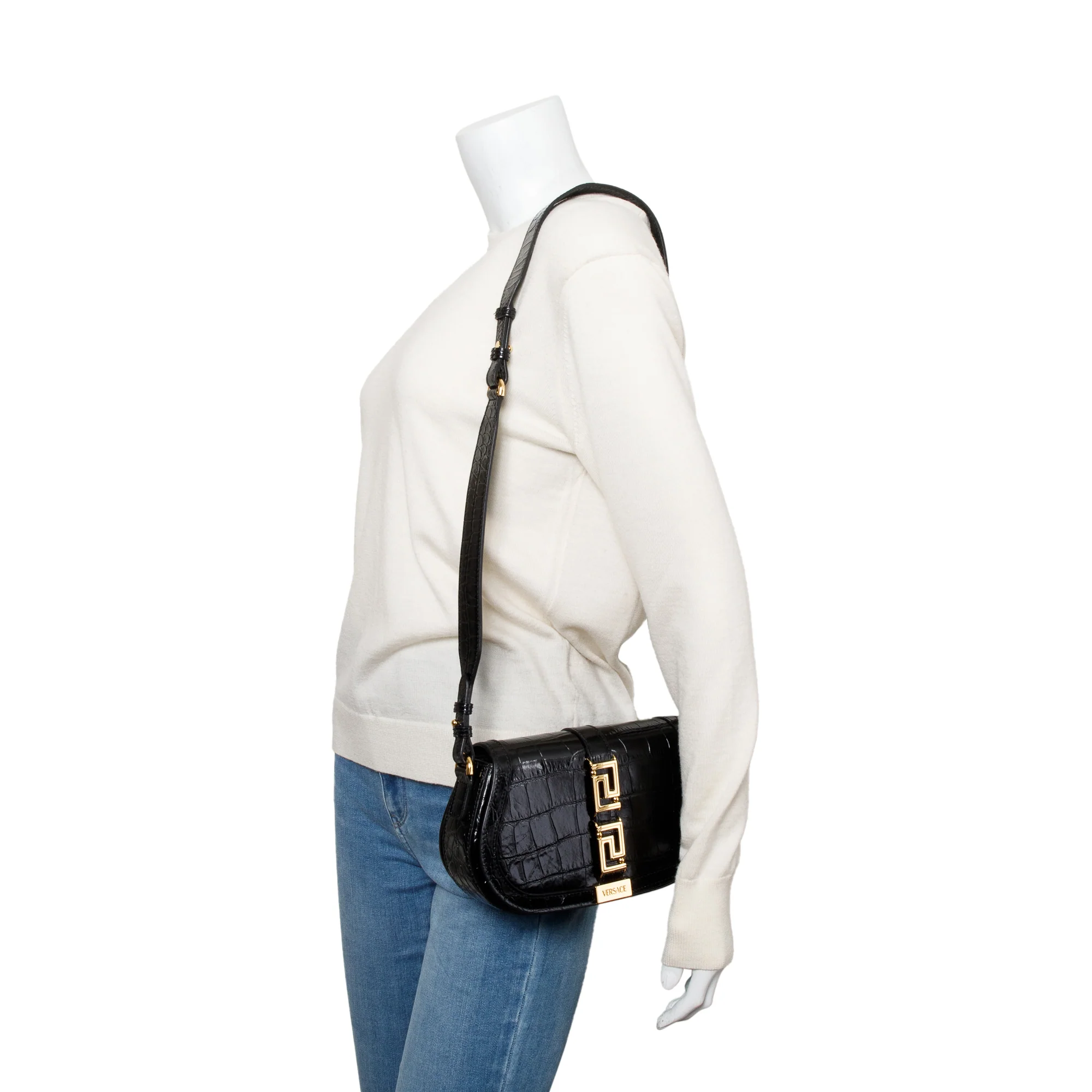 Versace Black Croc-Effect Leather Medium Greca Goddess Shoulder Bag w/ Straps - Image 2