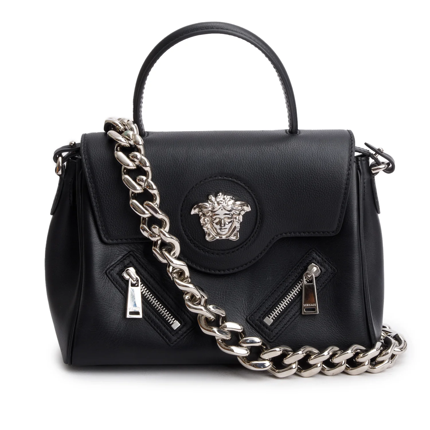 Versace Black Grained Calfskin Medium La Medusa Top Handle w/ Box & Straps