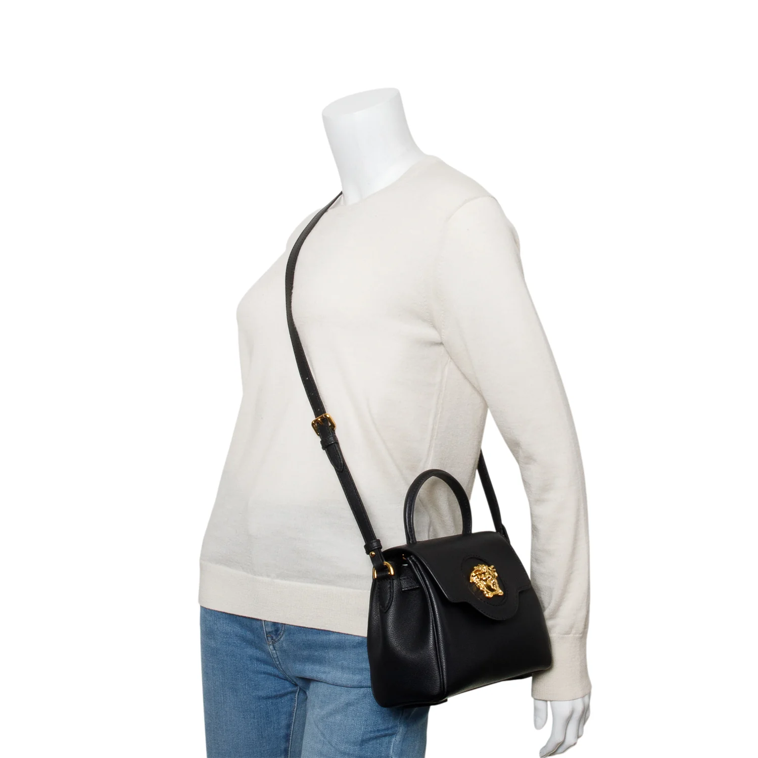 Versace Black Grained Leather La Medusa Small Handbag w/ Straps - Image 2