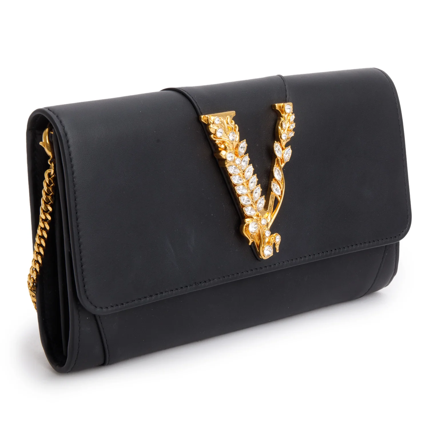 Versace Black Lambskin Virtus Crystal Embellished Wallet on Chain - Image 4