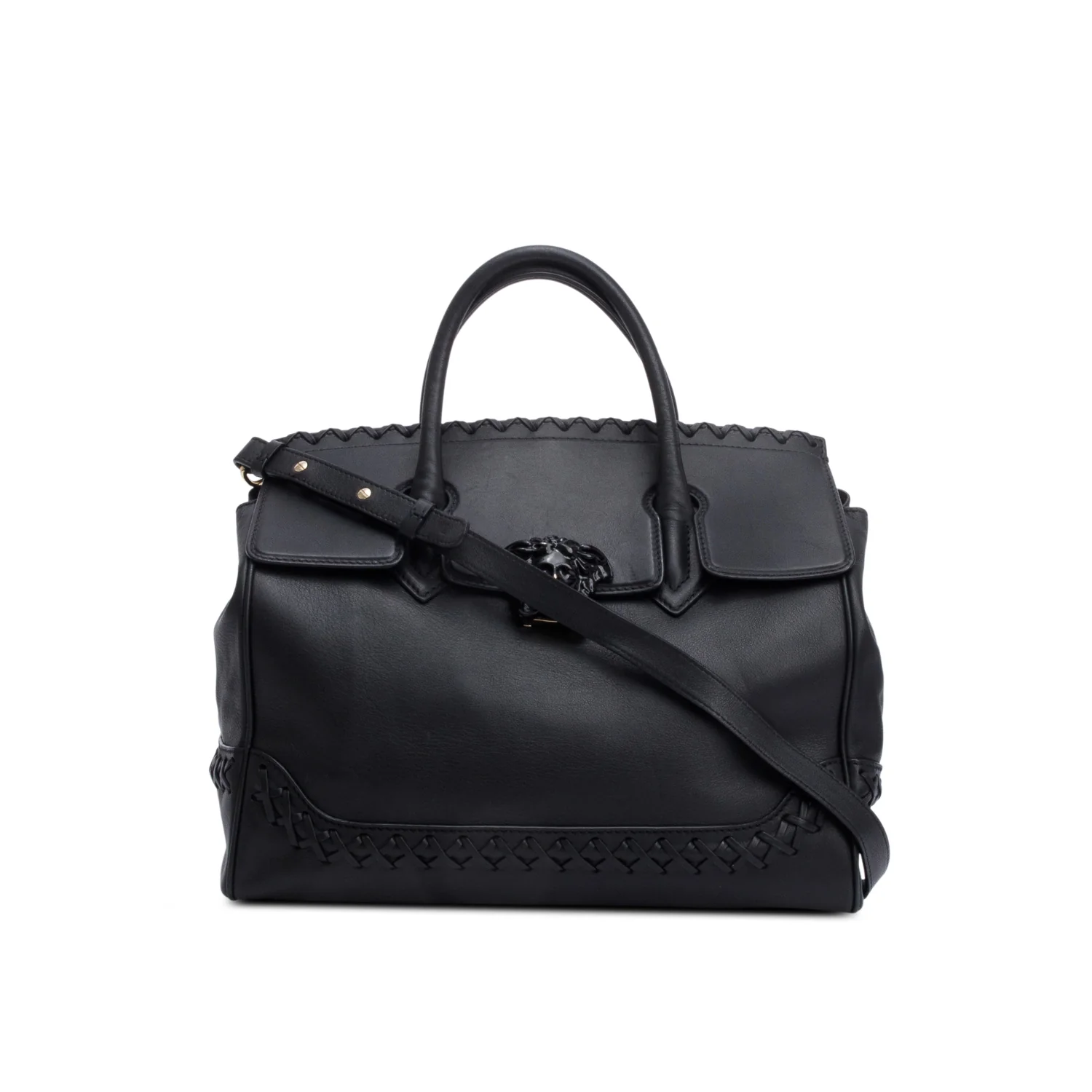 Versace Black Leather Cross-Stitch Medusa Empire Flap Handle Bag w/ Strap