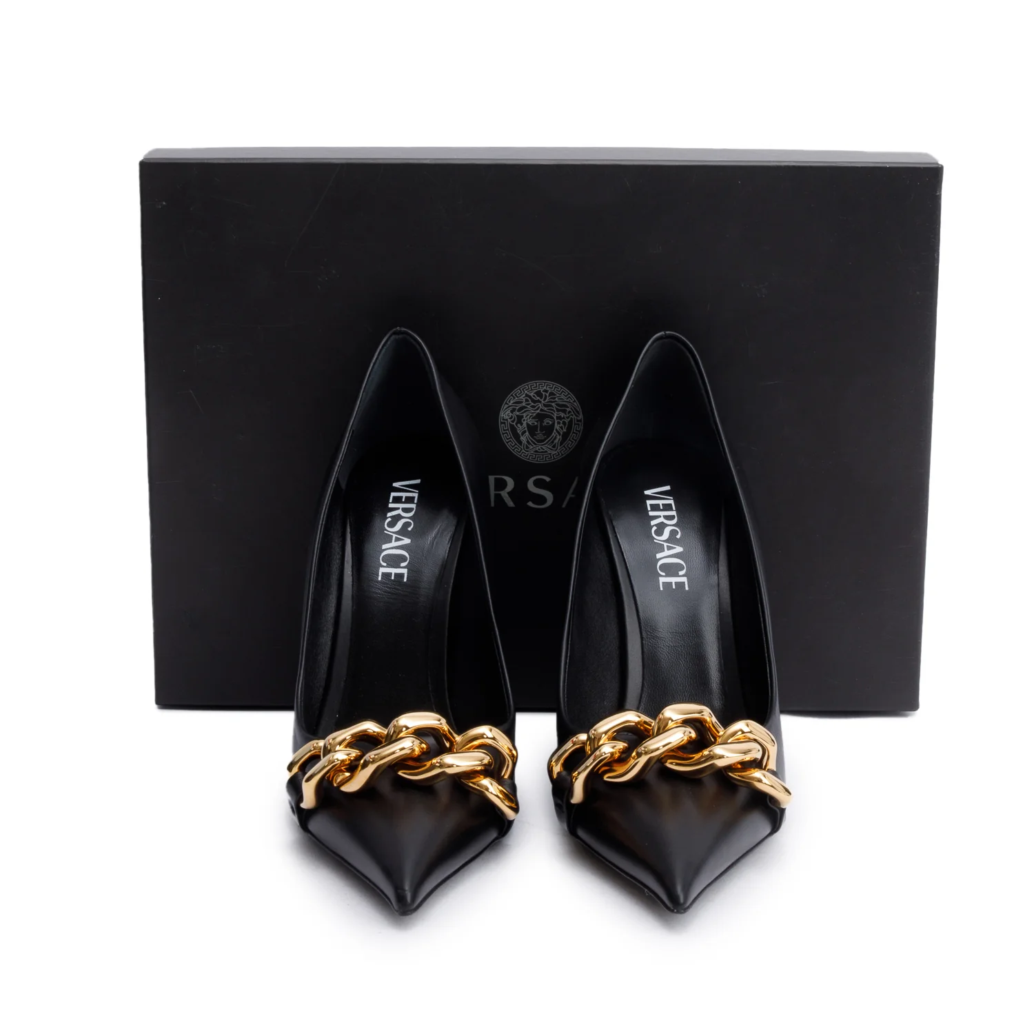 Versace Black Leather Medusa Chain Link Accent Pumps, Size 38 w/ Box - Image 2