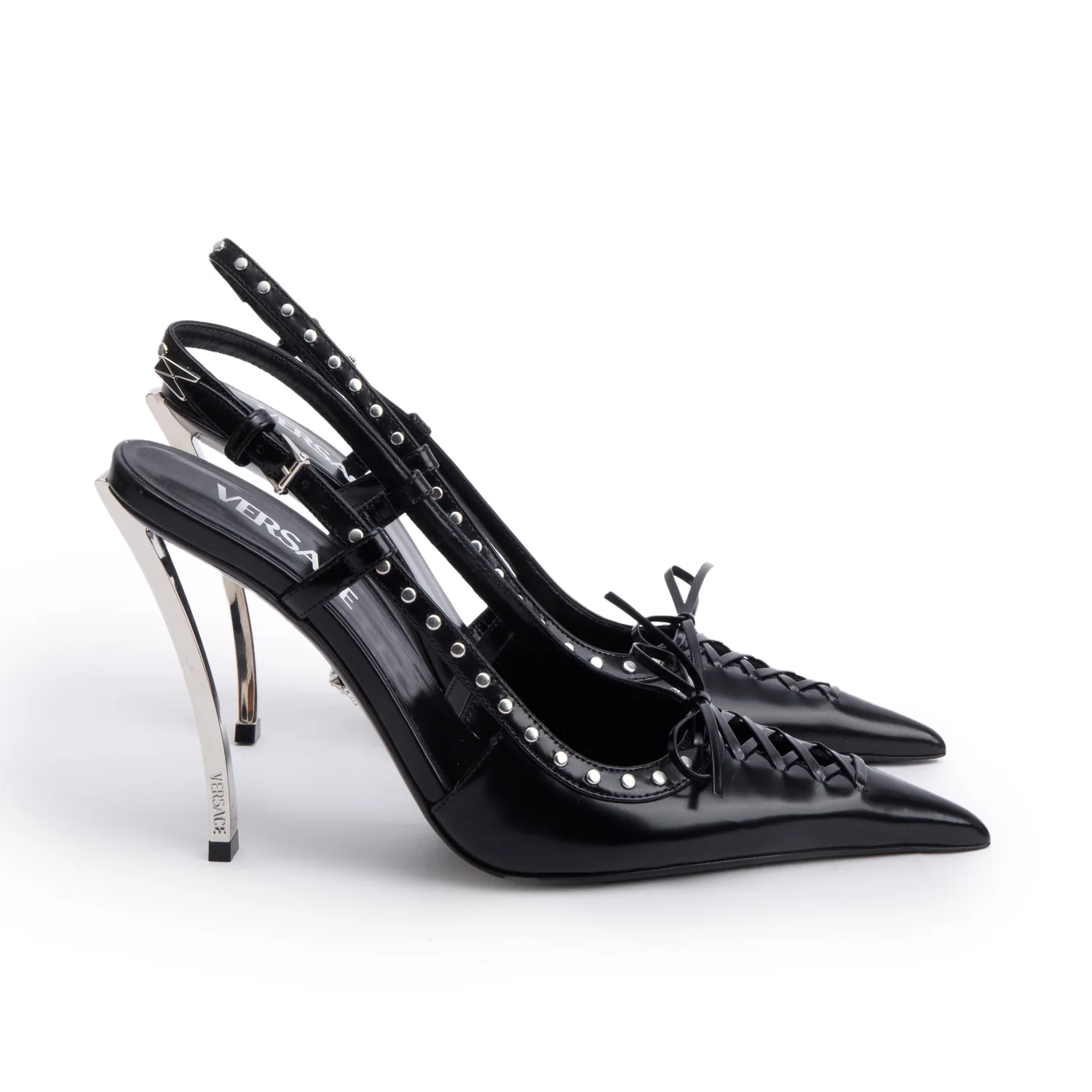 Versace Black Leather Studded Accent Slingback Pumps, Size 37 w/ Box - Image 4