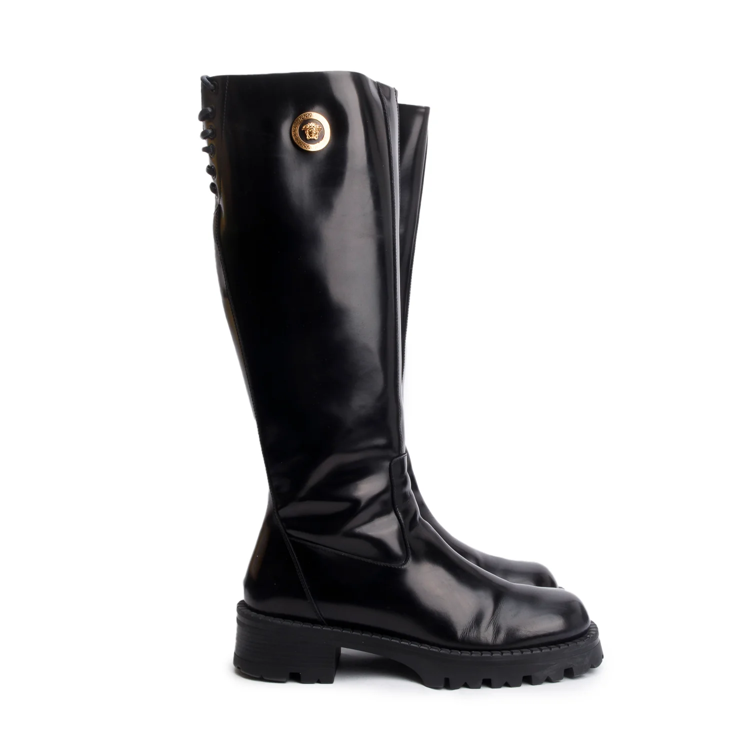 Versace Black Patent Leather Medusa Knee High Boots, Size 41 w/ Box - Image 3