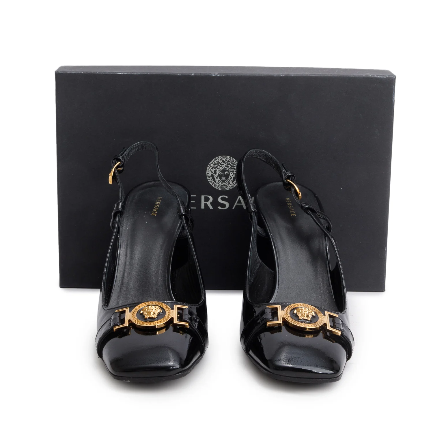 Versace Black Patent Leather Slingback Pumps, Size 41 w/ Box - Image 2