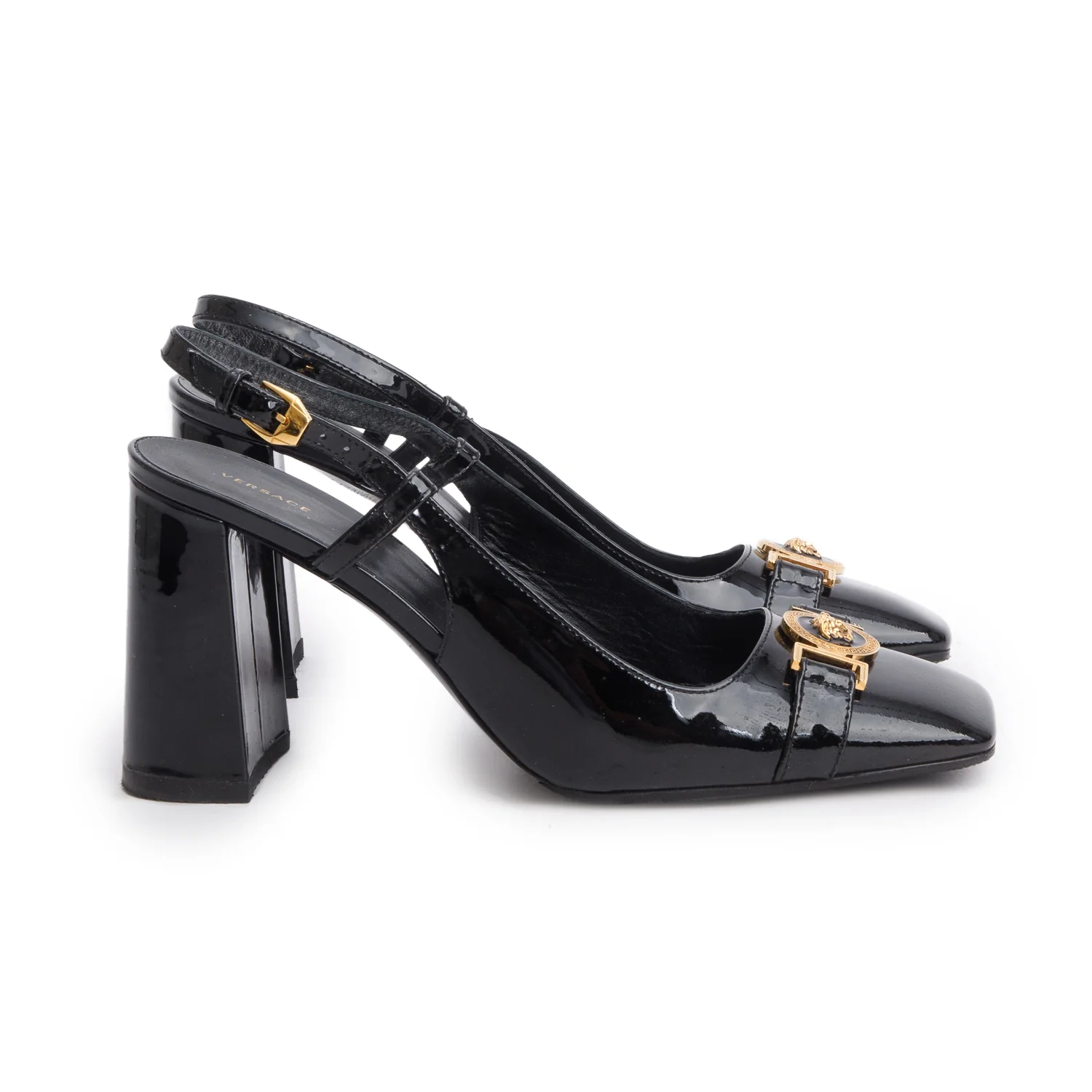 Versace Black Patent Leather Slingback Pumps, Size 41 w/ Box - Image 3