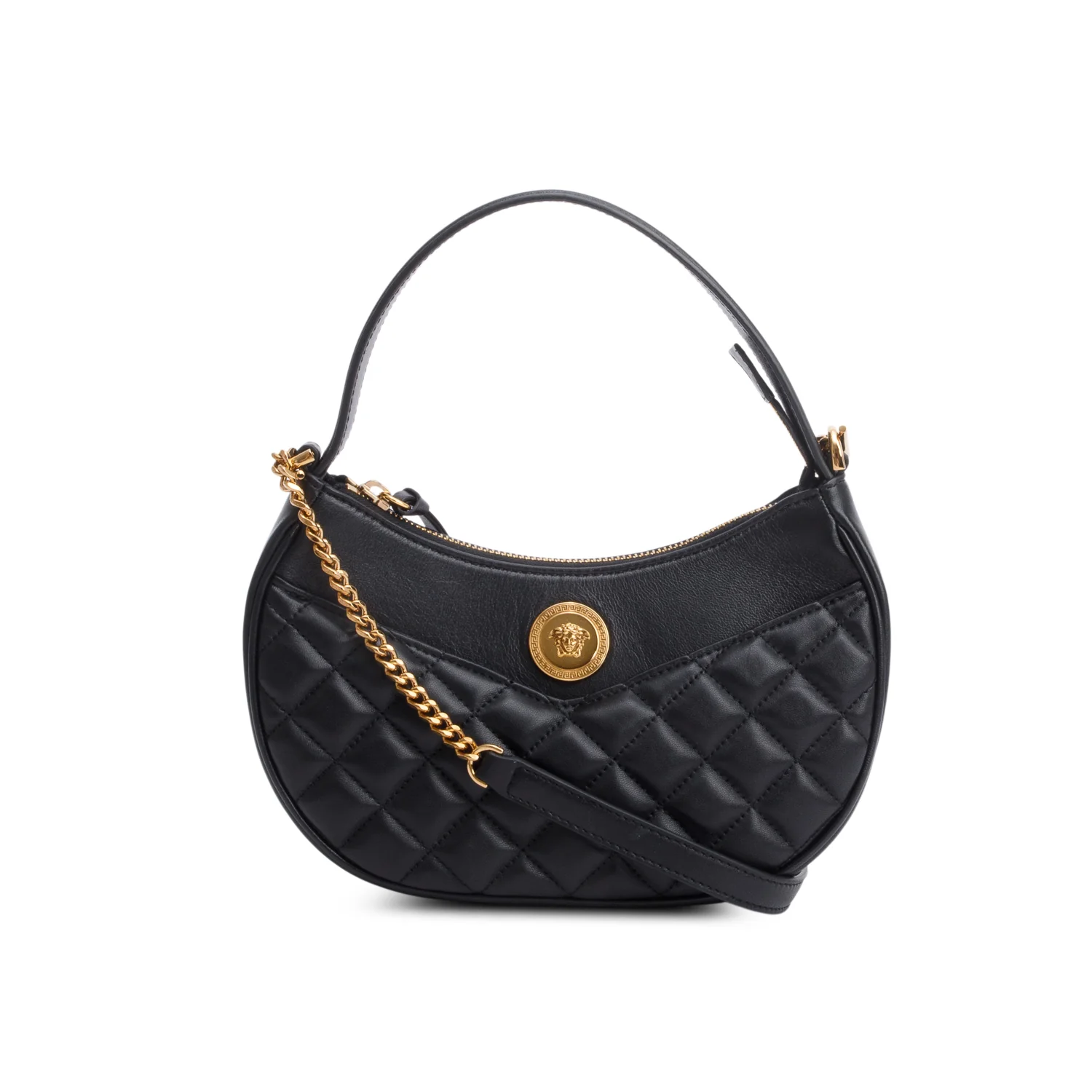 Versace Black Quilted Leather Medusa Half Moon Shoulder Bag w/ Strap