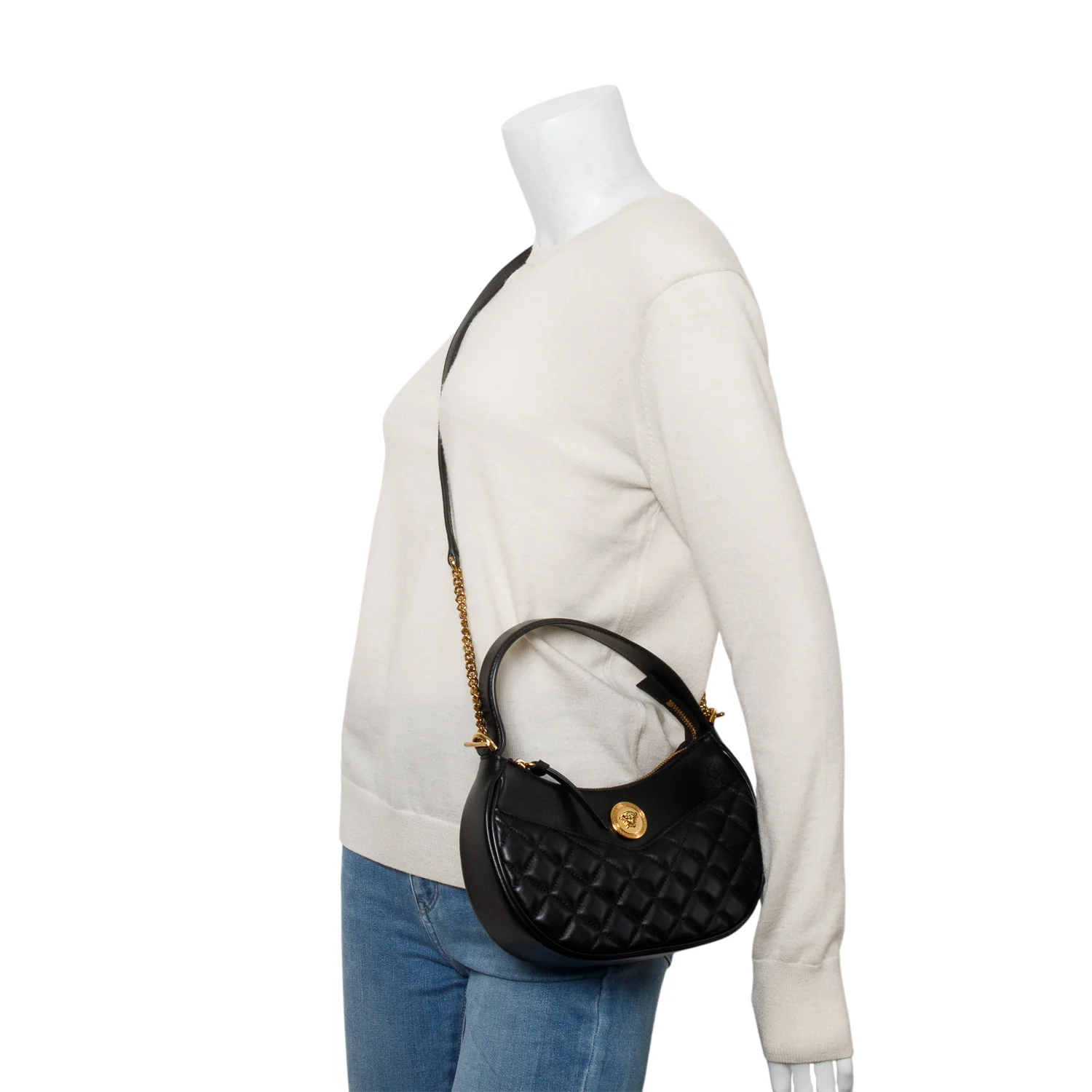 Versace Black Quilted Leather Medusa Half Moon Shoulder Bag w/ Strap - Image 2
