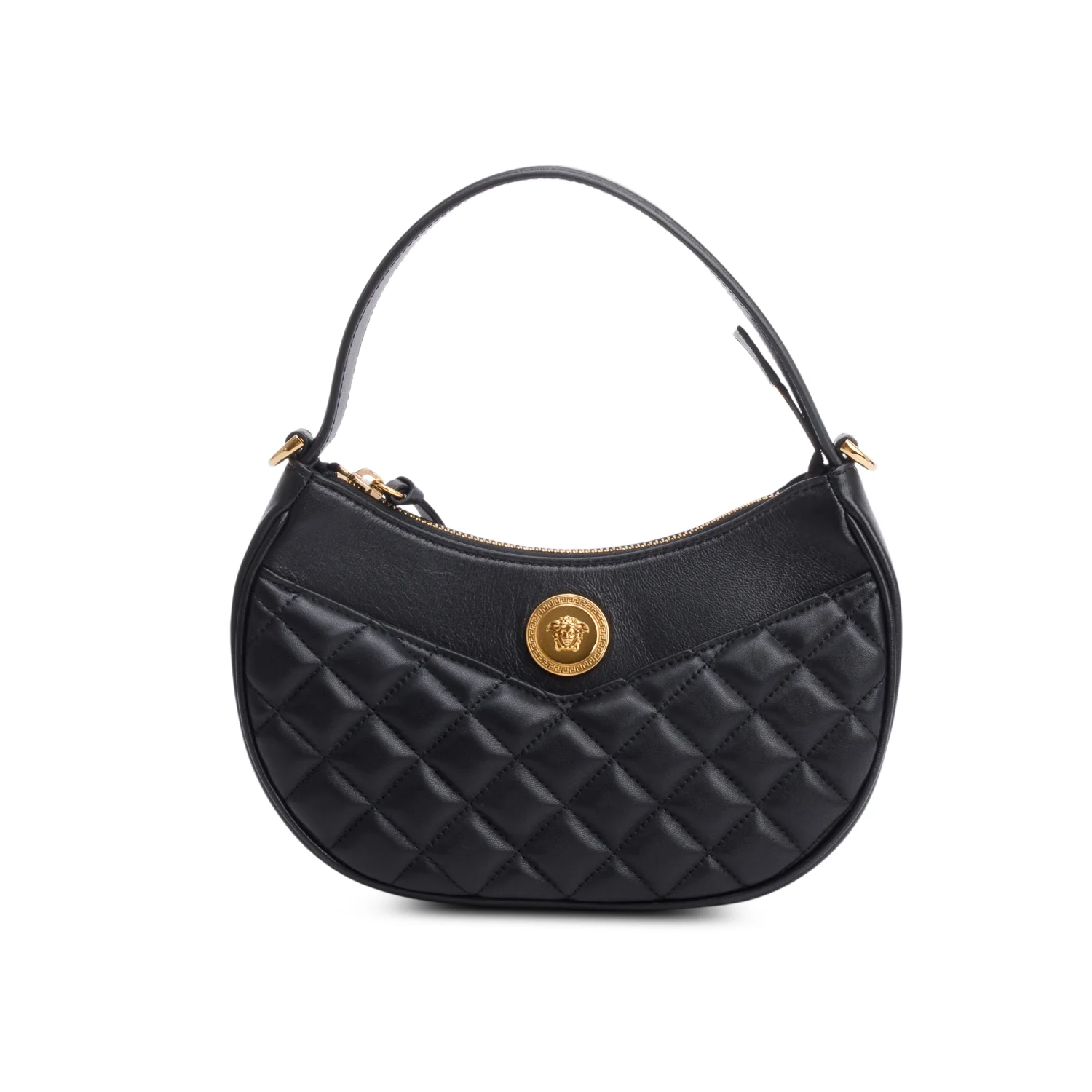 Versace Black Quilted Leather Medusa Half Moon Shoulder Bag w/ Strap - Image 3