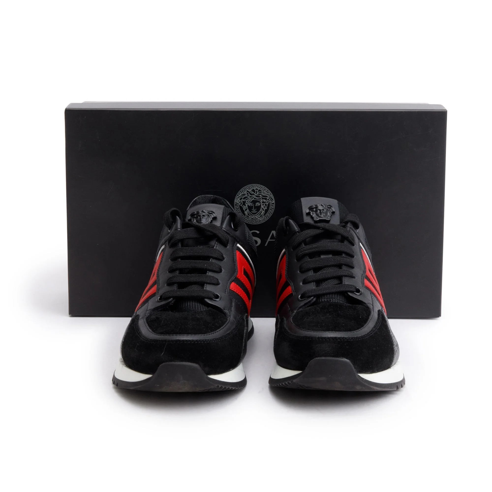 Versace Black/Red Leather Suede Greek Key Sneakers, Size 42 w/ Box - Image 2