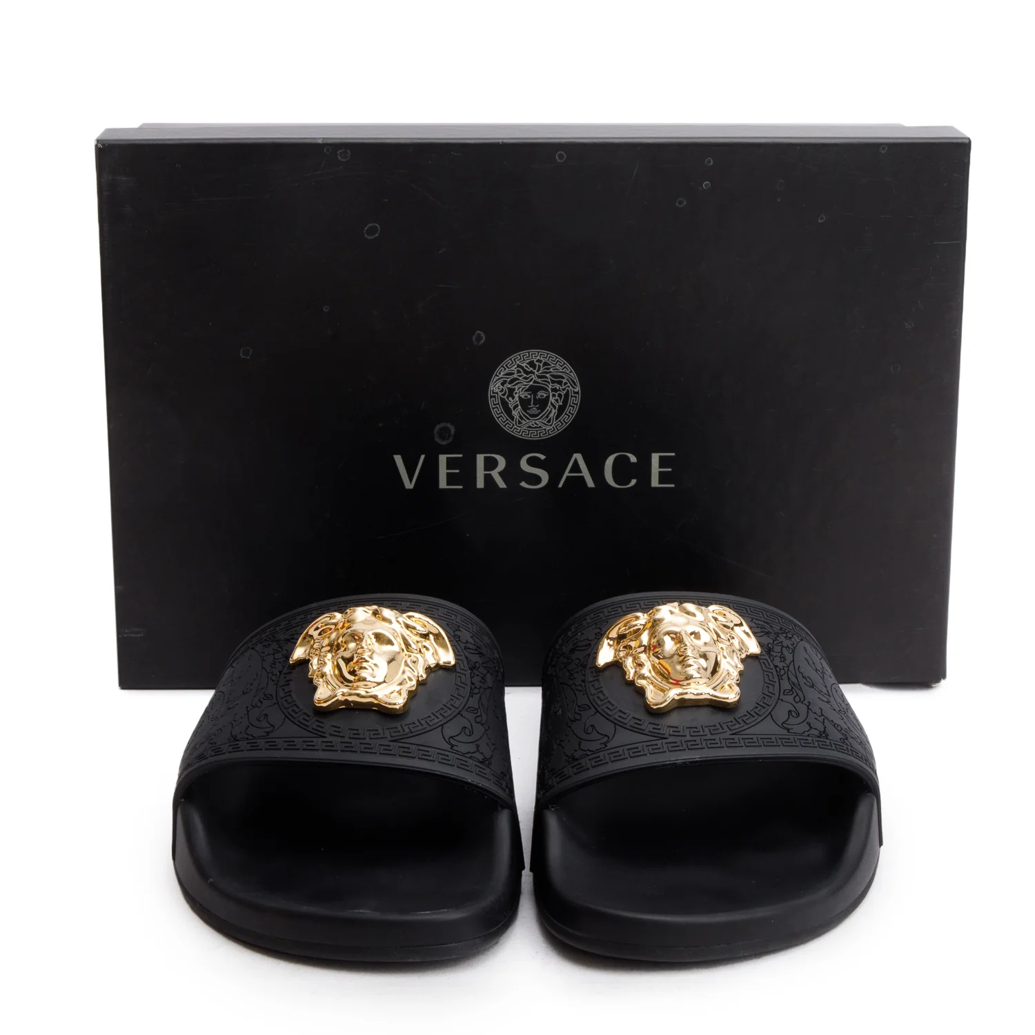 Versace Black Rubber Medusa Palazzo Pool Slides, Size 39 w/ Box - Image 2