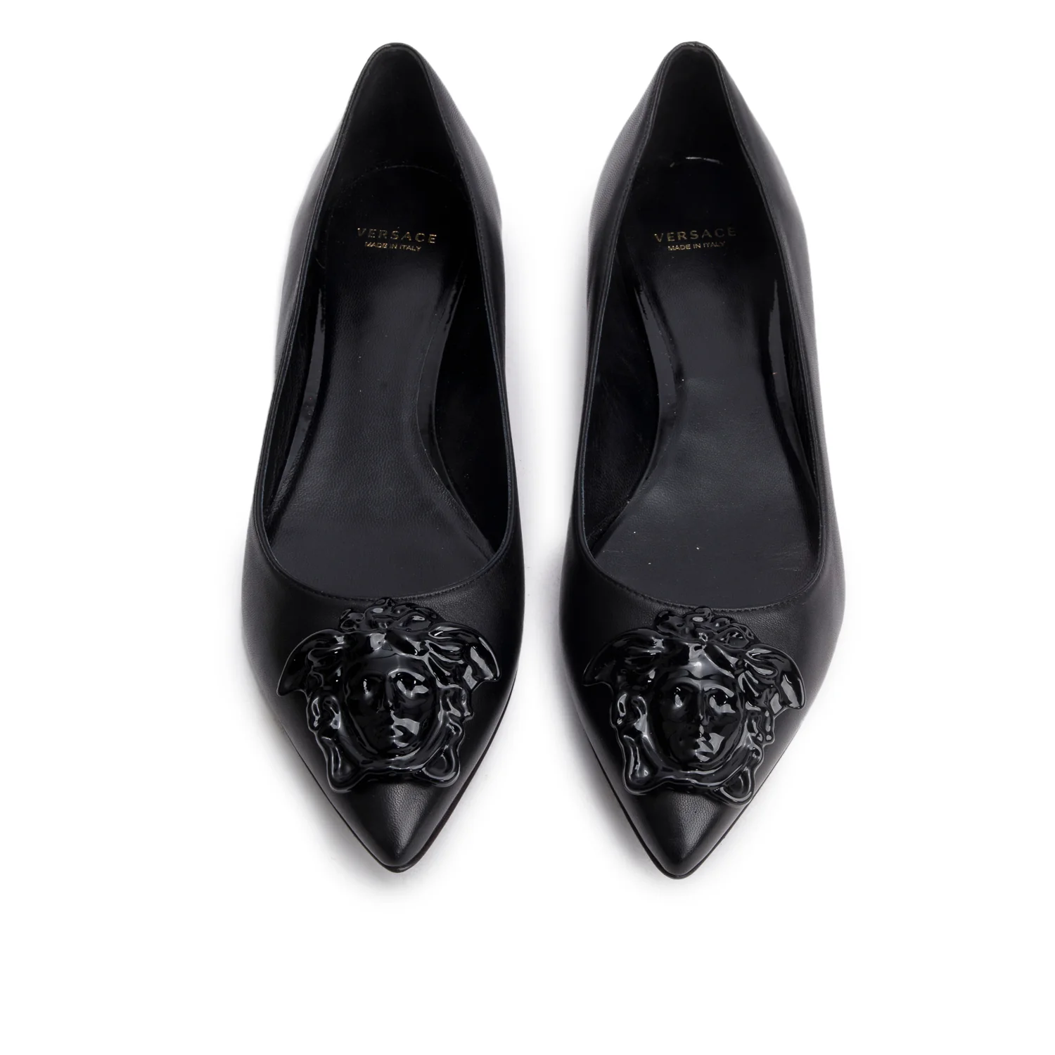 Versace Black Vitello Leather Medusa Insignia Ballerina Shoes, Size 38.5 w/ Box