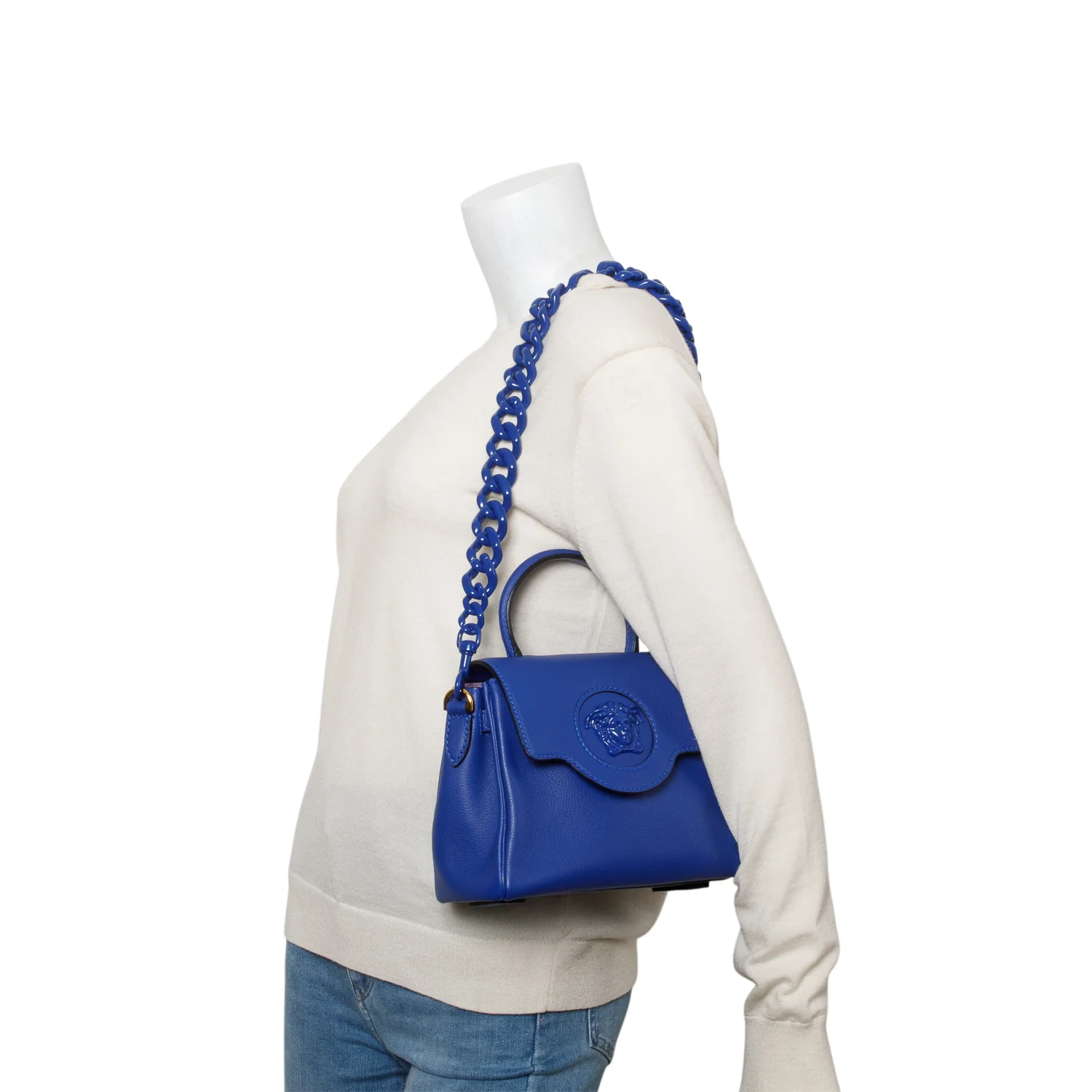 Versace Blue Grained Leather La Medusa Small Handbag w/ Straps - Image 2