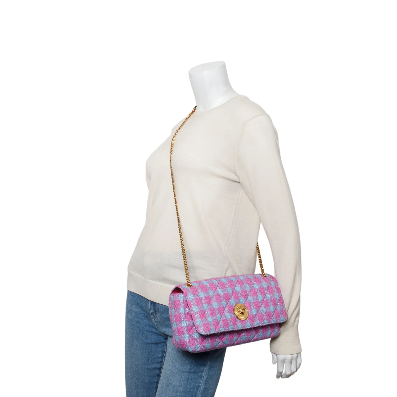Versace Blue/Purple Tweed Quilted La Medusa Shoulder Bag w/ Box - Image 2