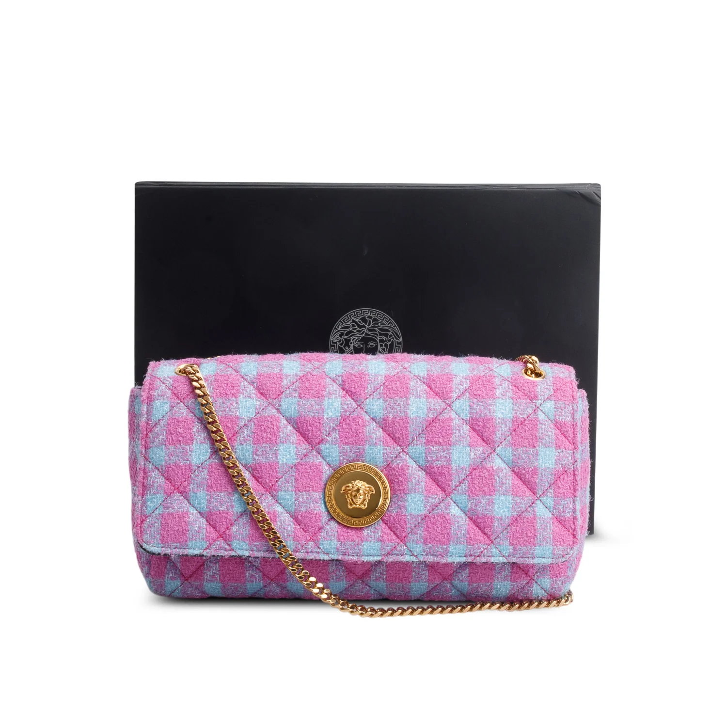 Versace Blue/Purple Tweed Quilted La Medusa Shoulder Bag w/ Box - Image 3