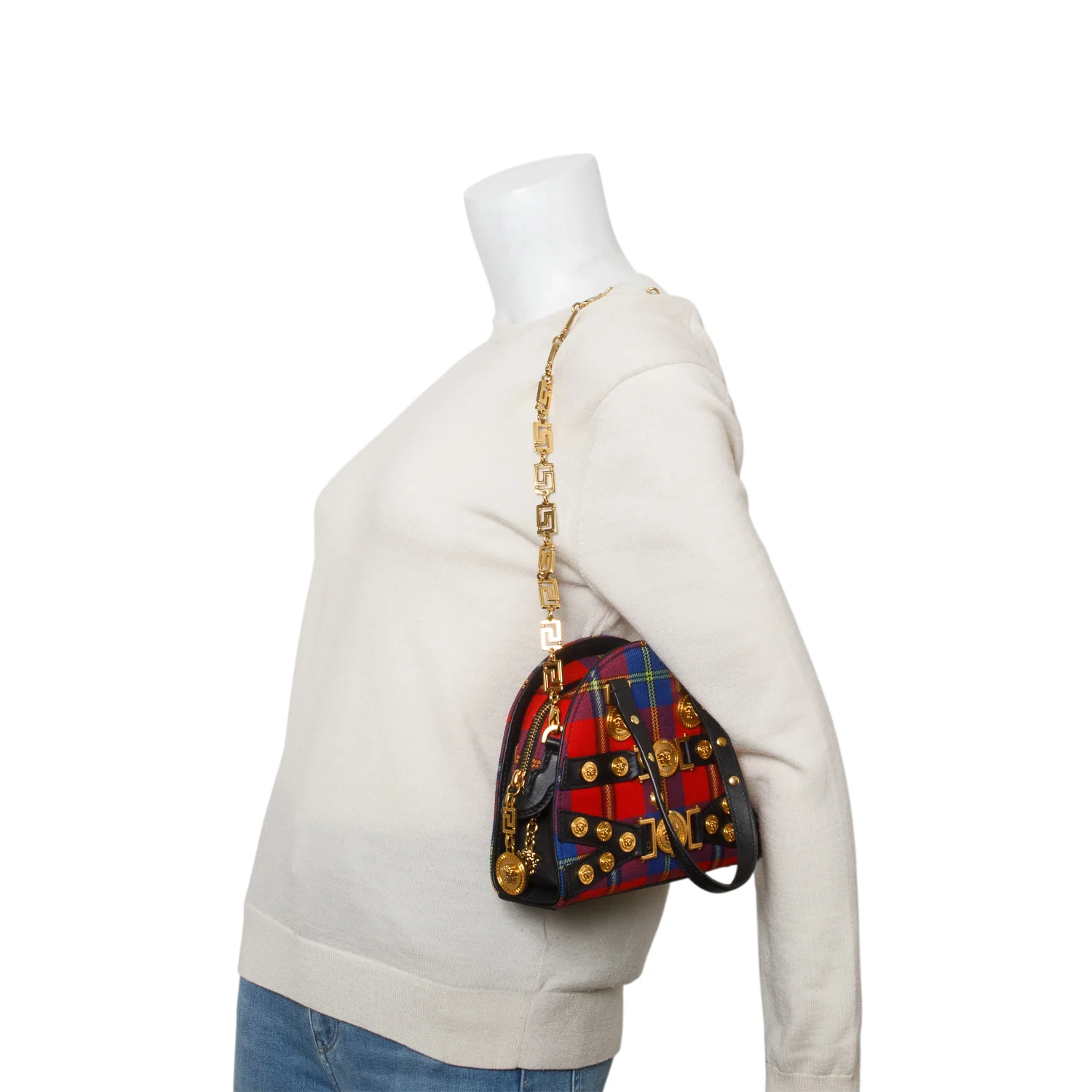 Versace Blue/Red Tartan Tribute Medallion Bag w/ Chain Strap - Image 2