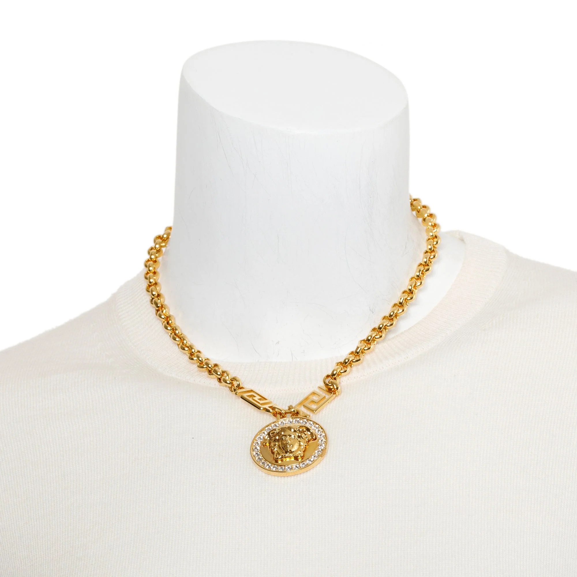 Versace Gold Plated Crystal La Medusa Greca Pendant Necklace w/ Box - Image 2