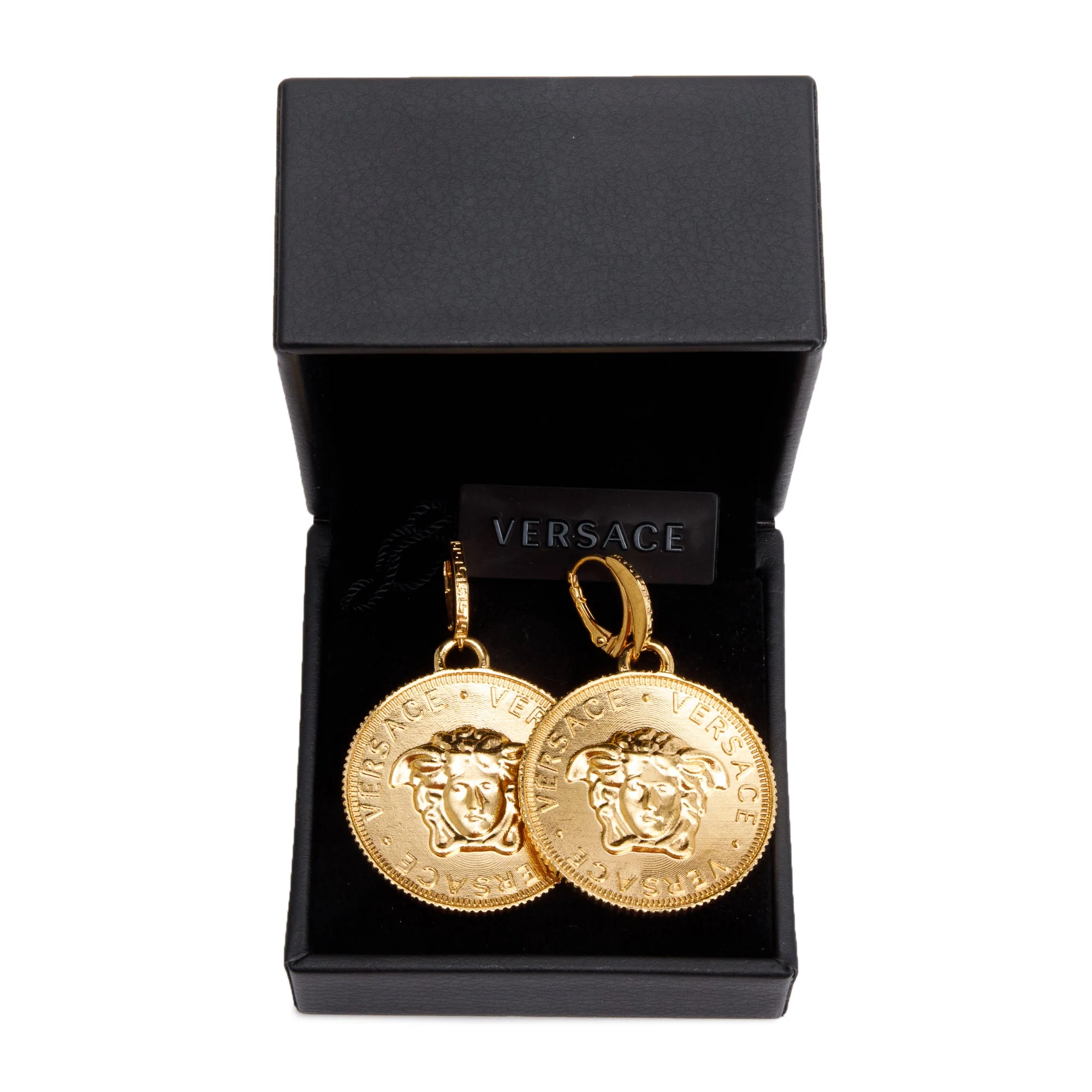 Versace Gold Plated Medusa Tribute Coin Drop Earrings w/ Box - Image 2