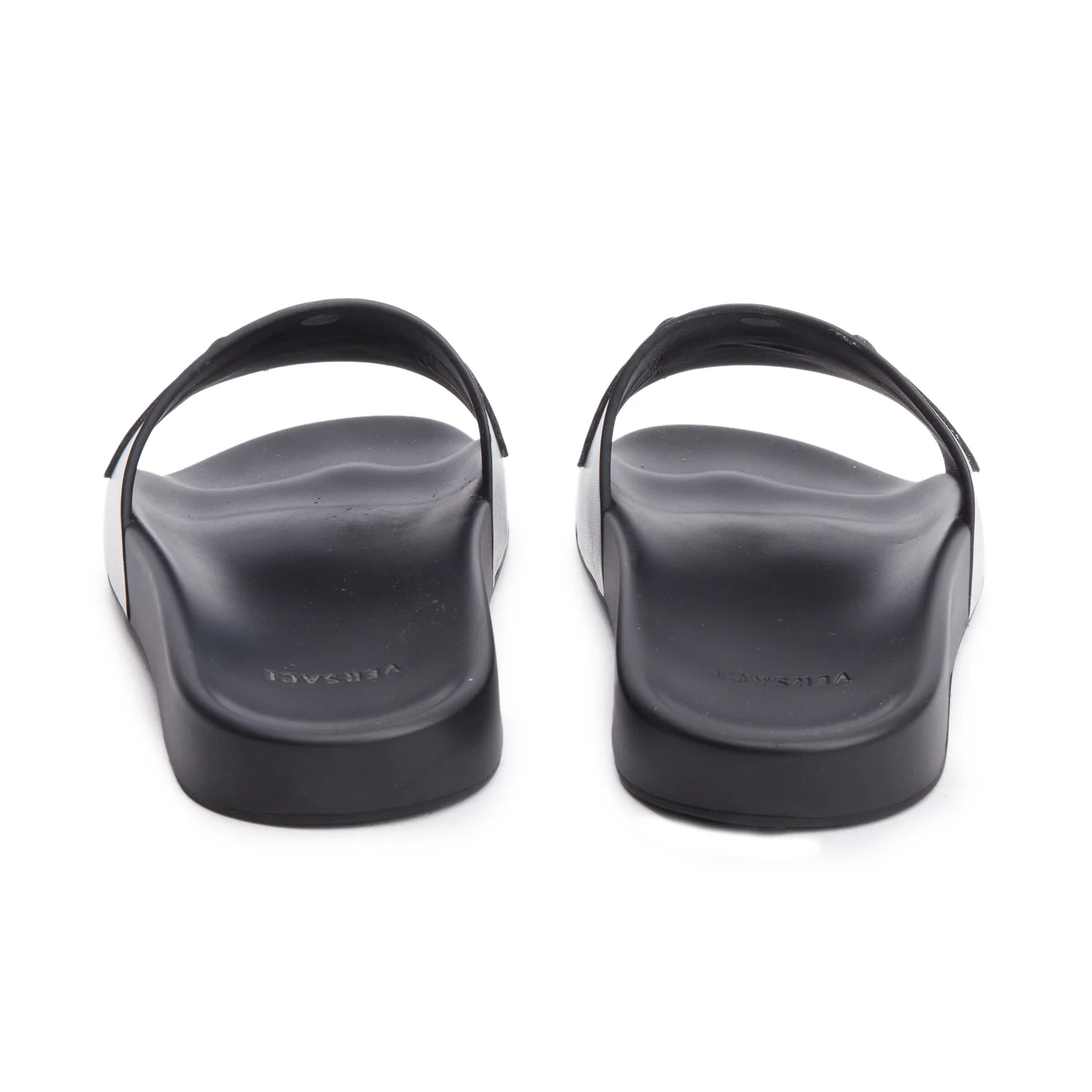 Versace Metallic Silver Leather Black Rubber Palazzo Pool Slides, Men's Size 41 w/ Box & Authenticity Card - Image 3