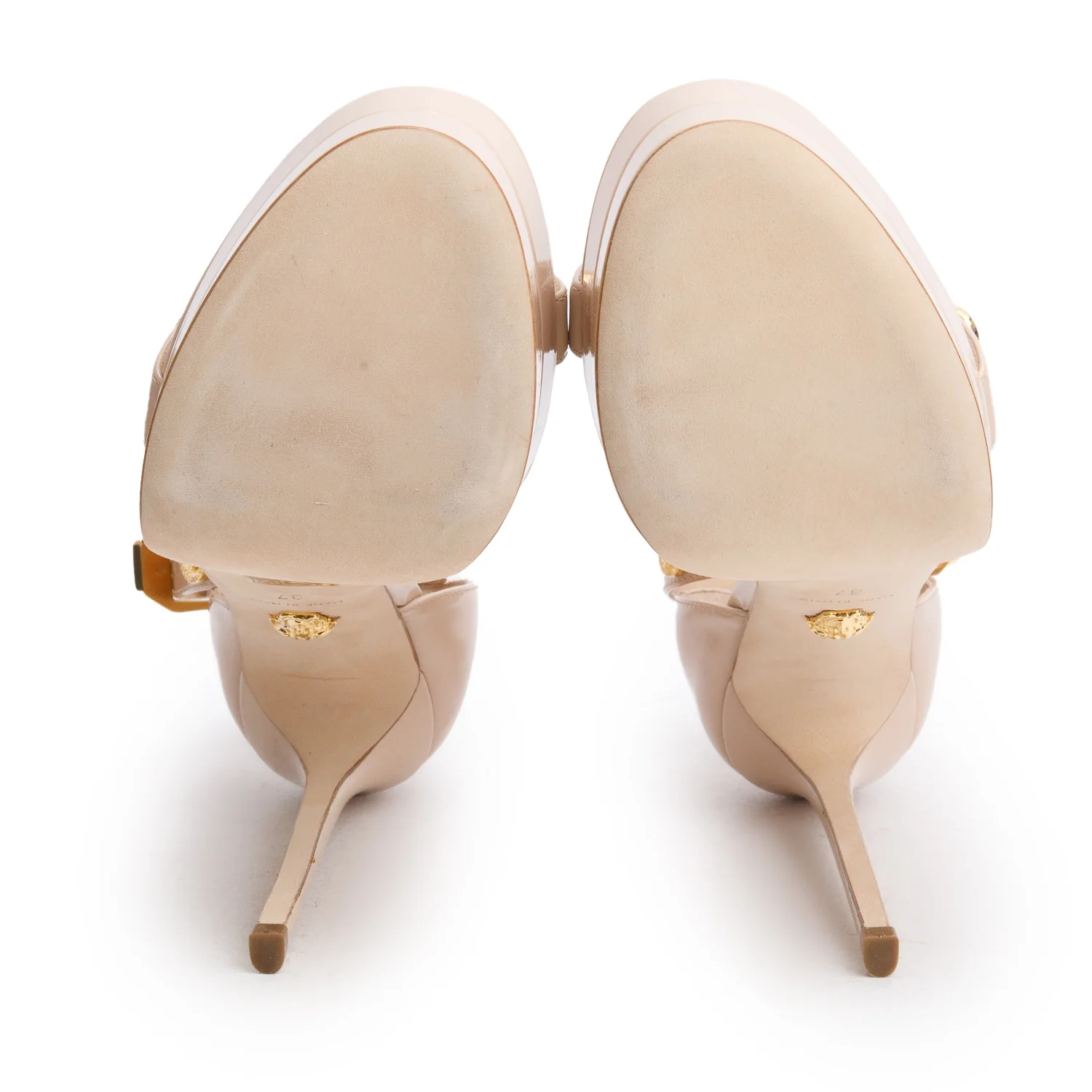 Versace Nude Patent Leather Medusa Insignia Slingback D'Orsay Platform Sandals, Size 37 w/ Box - Image 6