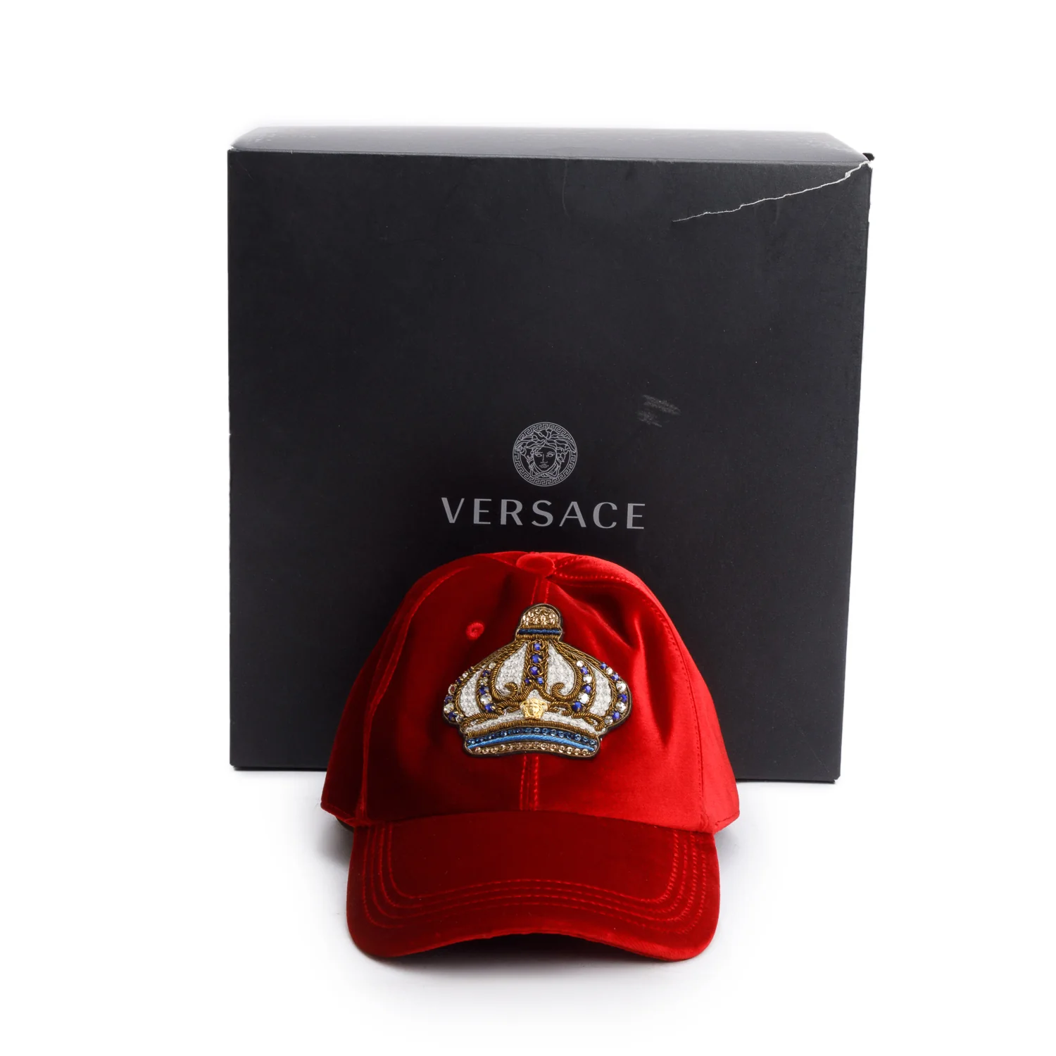 Versace Red Velvet Crystal Accent Crown Baseball Hat, Size 58 w/ Box - Image 2