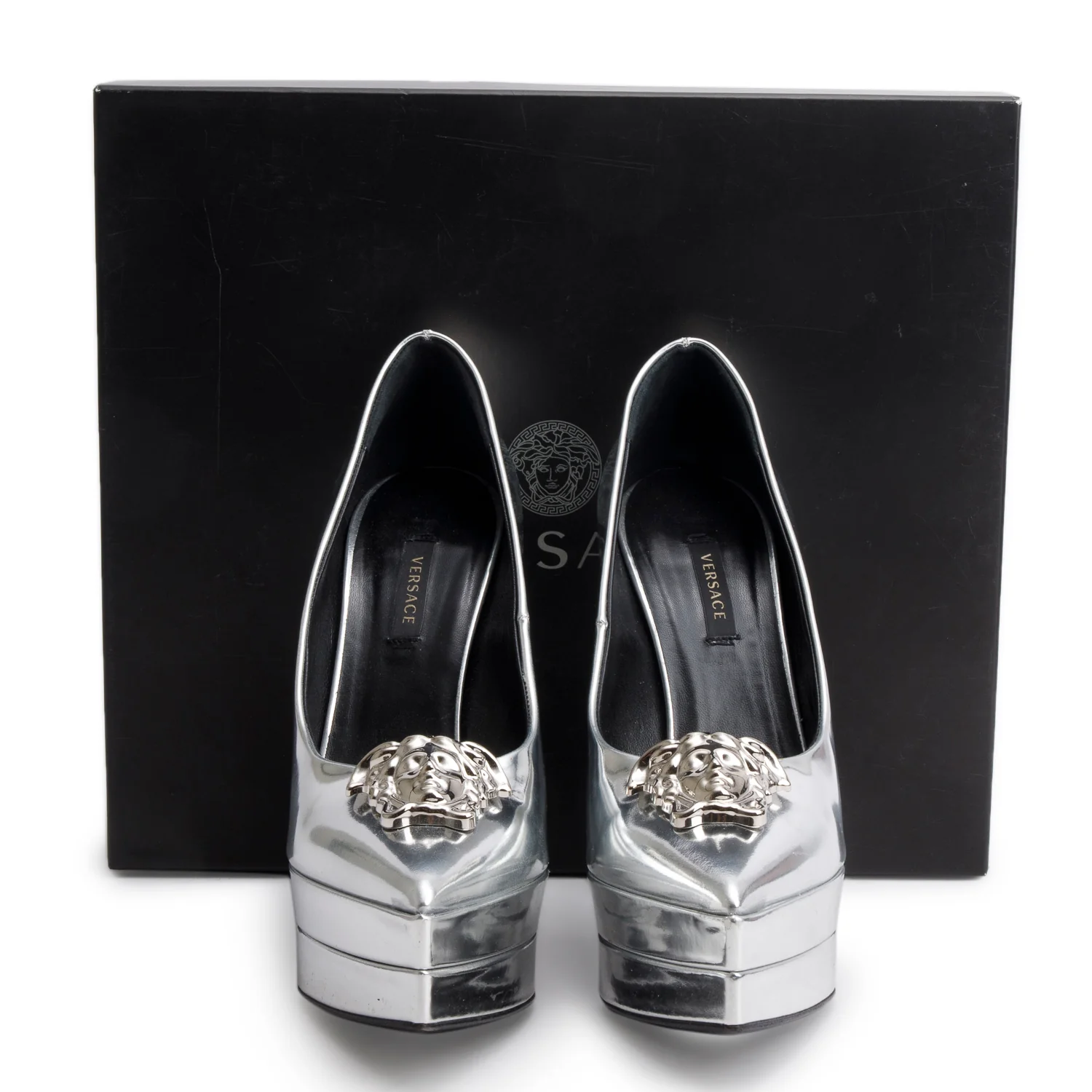 Versace Silver Patent Leather Medusa Insignia Double Platform Pumps, Size 37.5 w/ Box - Image 2