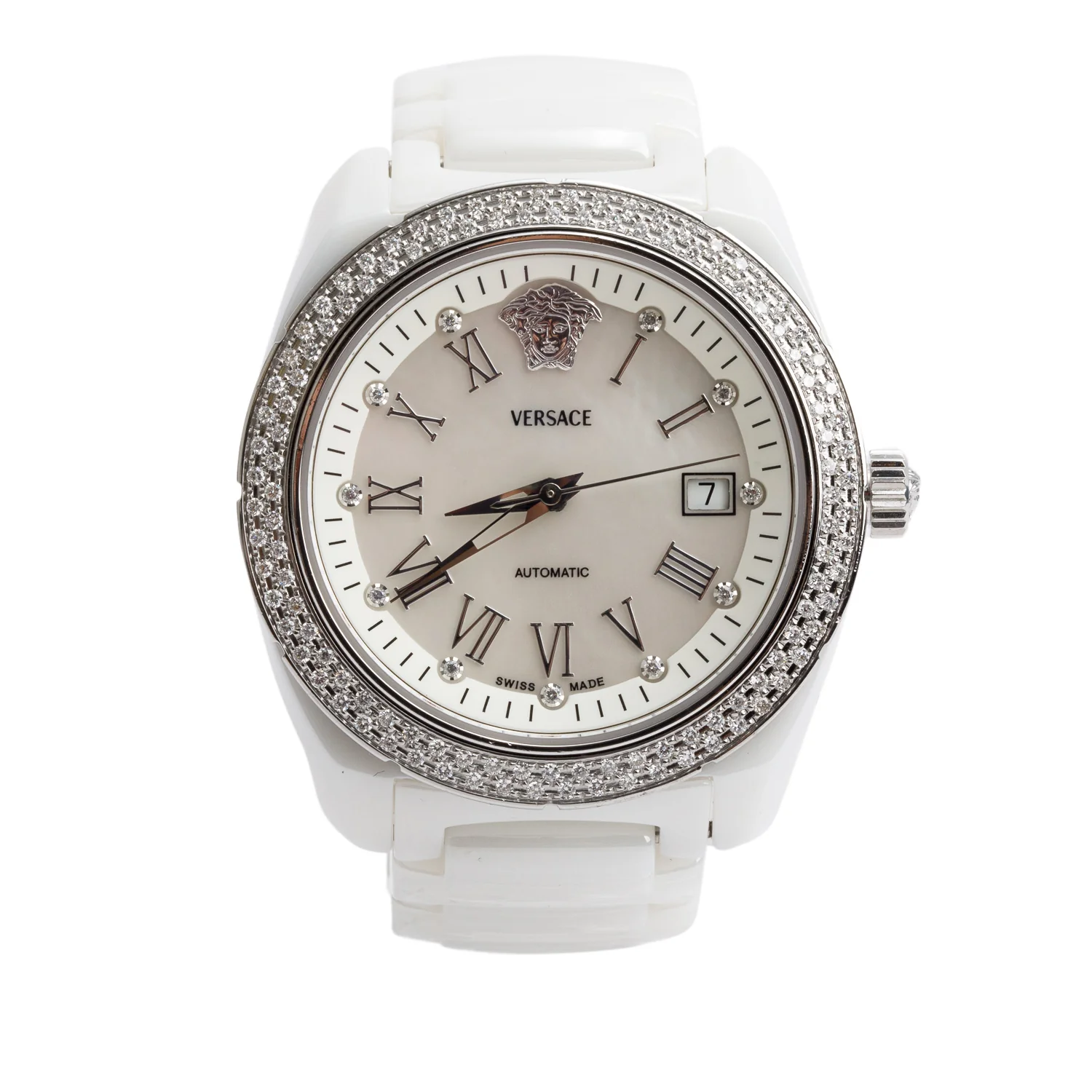 Versace Stainless Steel & White Ceramic DV One 41 MM Automatic Watch Diamond Mother of Pearl Dial w/ Box & Papers