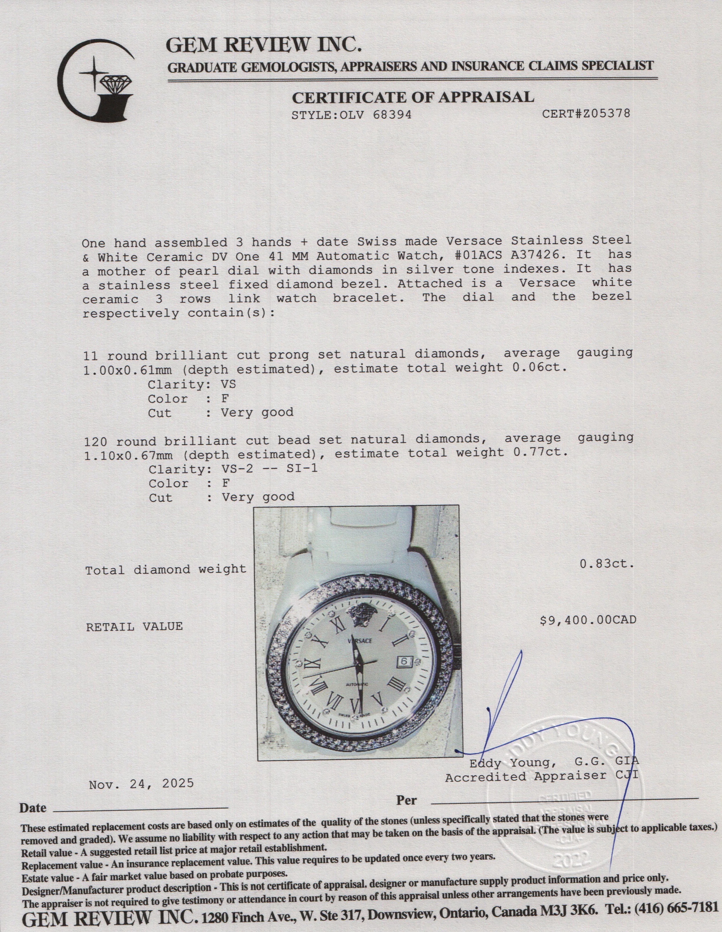 Versace Stainless Steel & White Ceramic DV One 41 MM Automatic Watch Diamond Mother of Pearl Dial w/ Box & Papers - Image 6